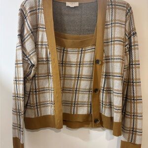 LOFT Tan and Cream Plaid Cardigan Set